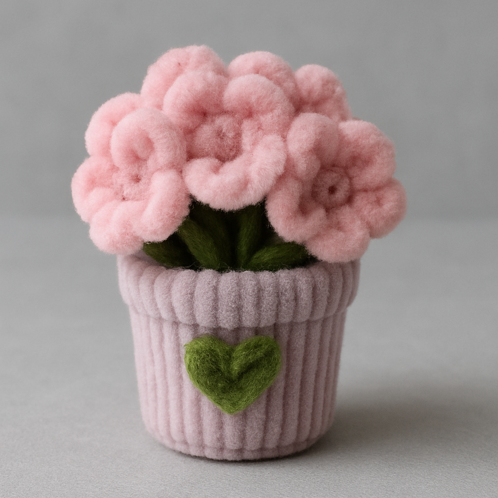 Pink Knitted Flower Pot – Handmade Fuzzy Blossom Decor
